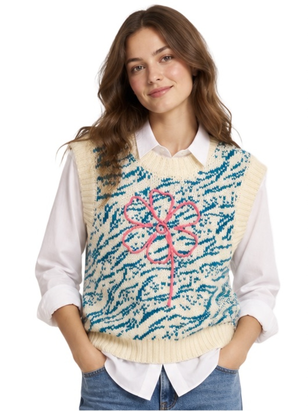 Zara Zebra Print Knit sweater Vest Pink Embroidered flower eclectic retro Y2K S